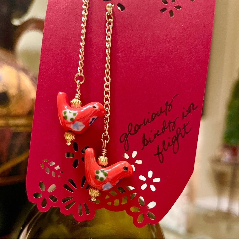 Whimsical Red Orange Bird Dangling Earrings - Picture 3 of 5